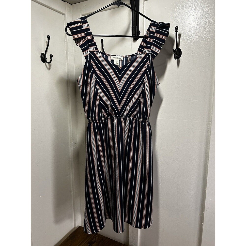 MONTEAU Dress Women Size M Black White Stripes Ruffled Cap Sleeve Elastic Waist